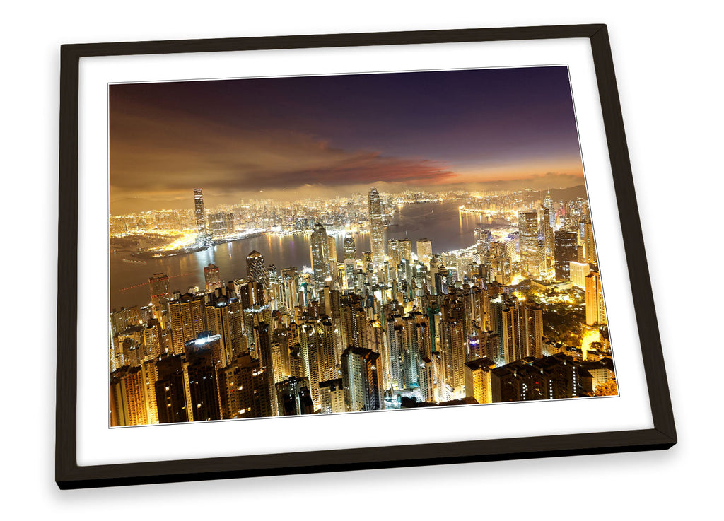 Hong Kong City Night Skyline Brown Framed