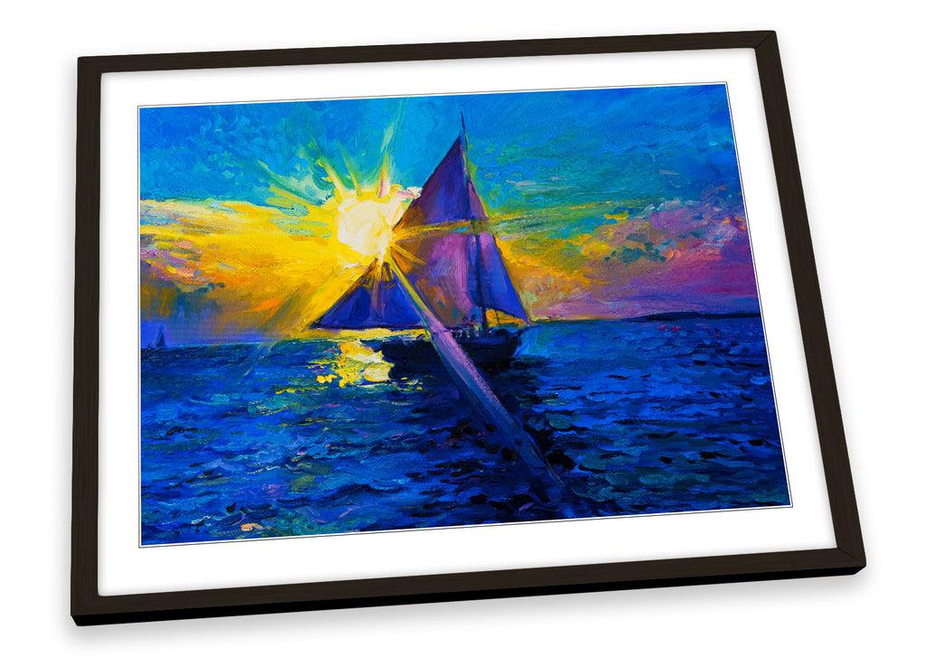 Blue Sail Boat Sunset Framed