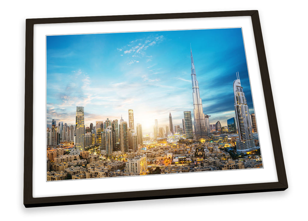 Dubai Sunset City Skyline Blue Framed