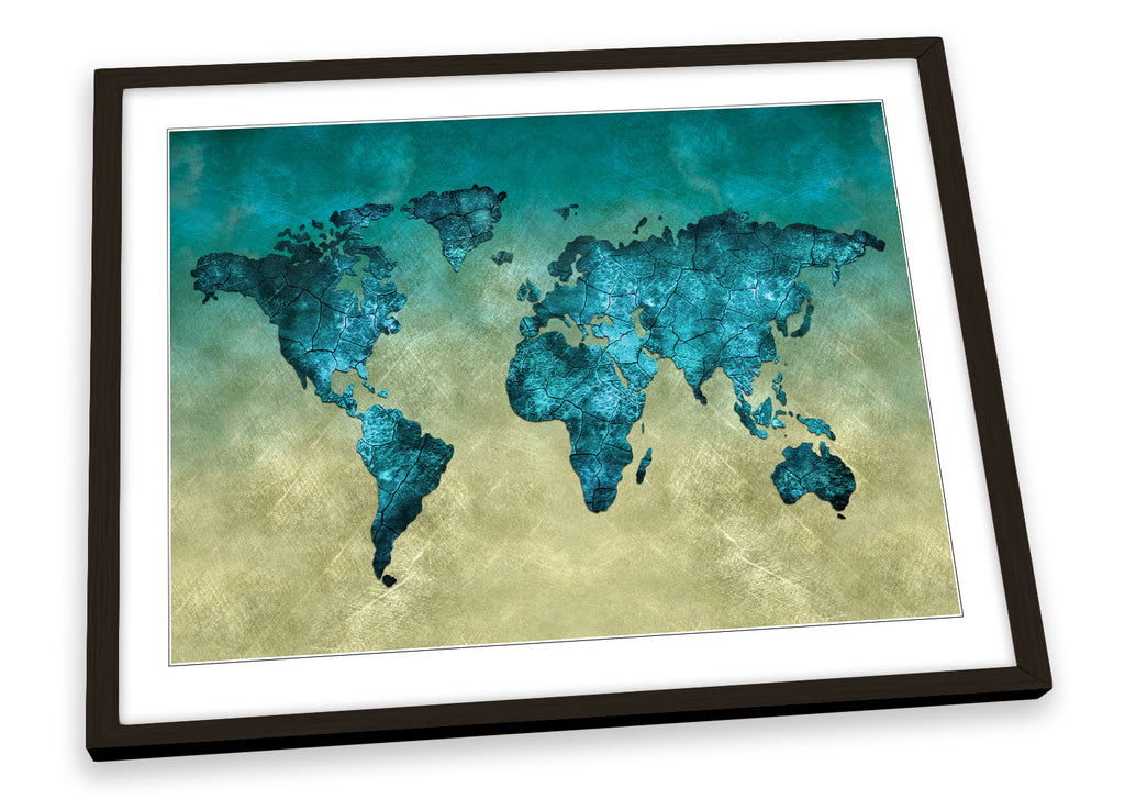 World Map Modern Turquoise Framed