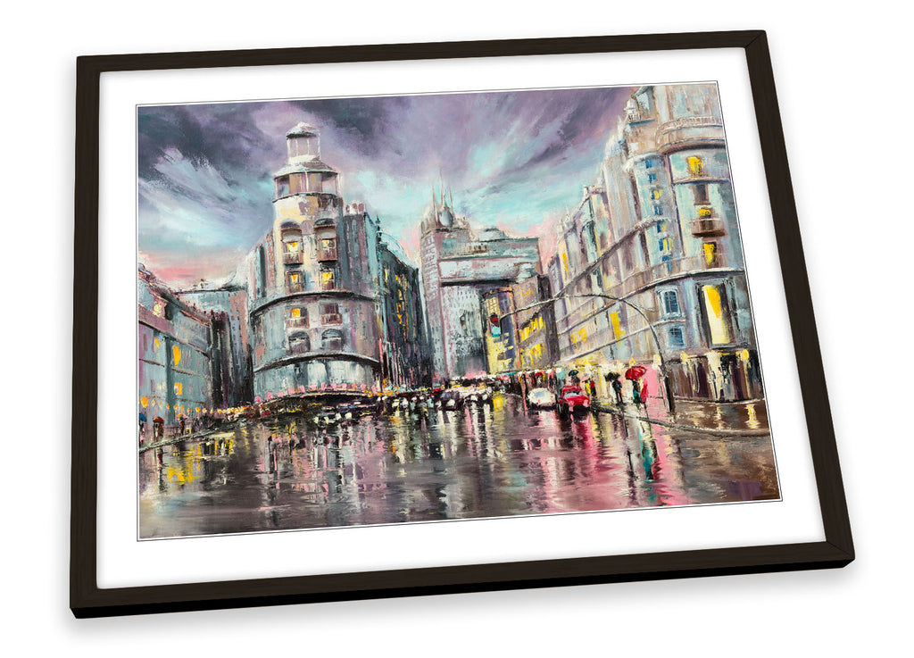 Gran Via Madrid Cityscape Multi-Coloured Framed