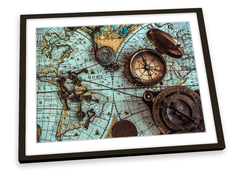 Vintage Map World Compass Blue Framed