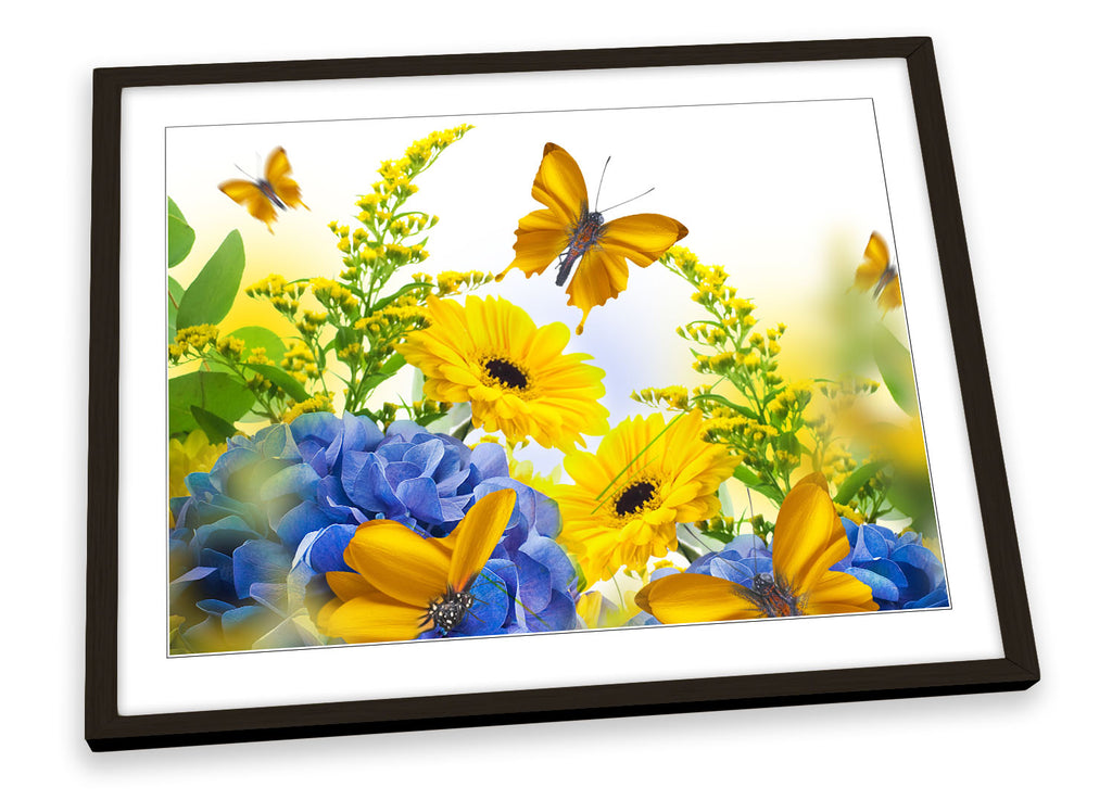 Yellow Butterfly Floral Flower Framed