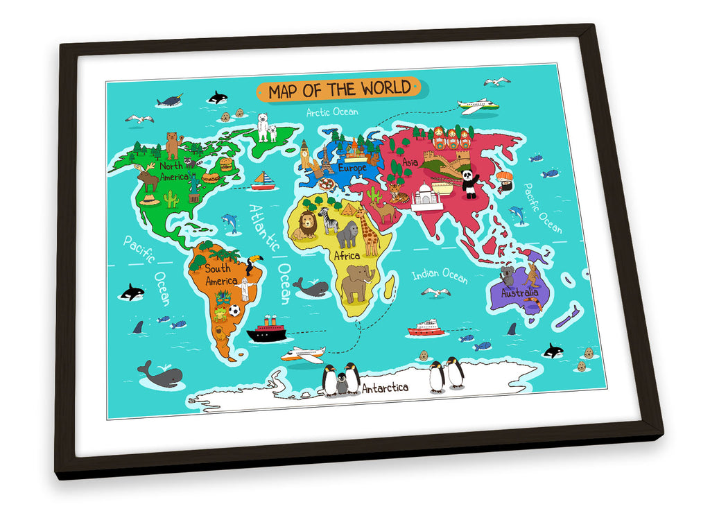 Map of the World Childern's Turquoise Framed