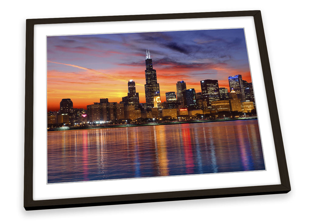Chicago Skyline City Sunset Framed
