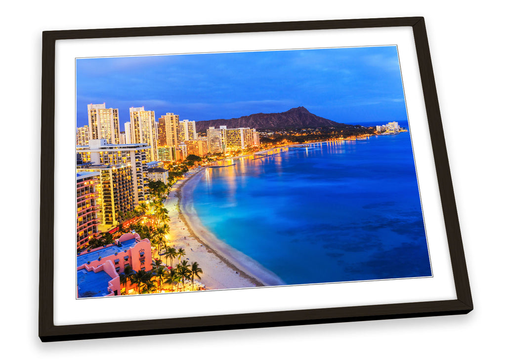 Honolulu Hawaii Skyline Blue Framed