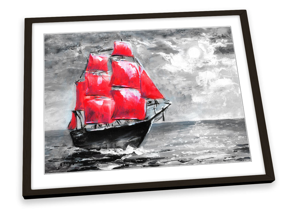 Red Sail Boat Seascape Repro Framed
