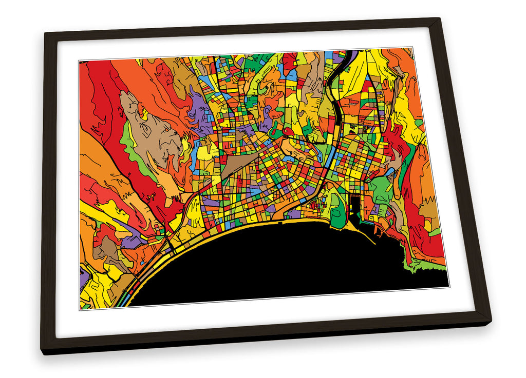 Nice France City Modern Map Multi-Coloured Framed