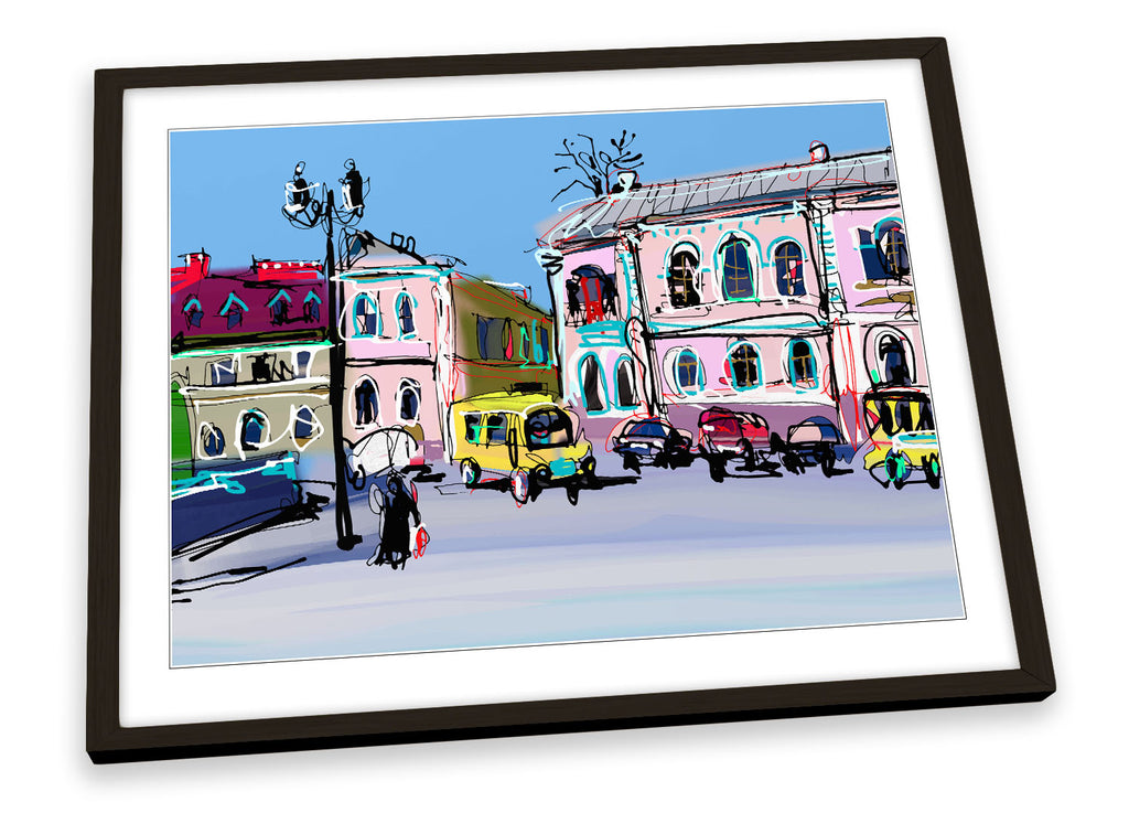 Ukraine Old Town City Sketch Blue Framed