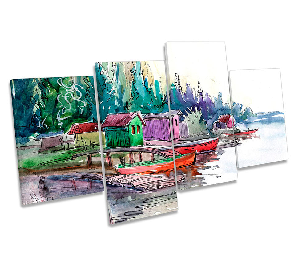 Boats Watercolour Lake Repro