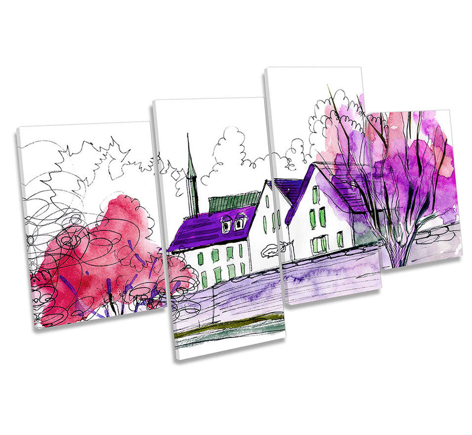 Watercolour Village Scene Purple