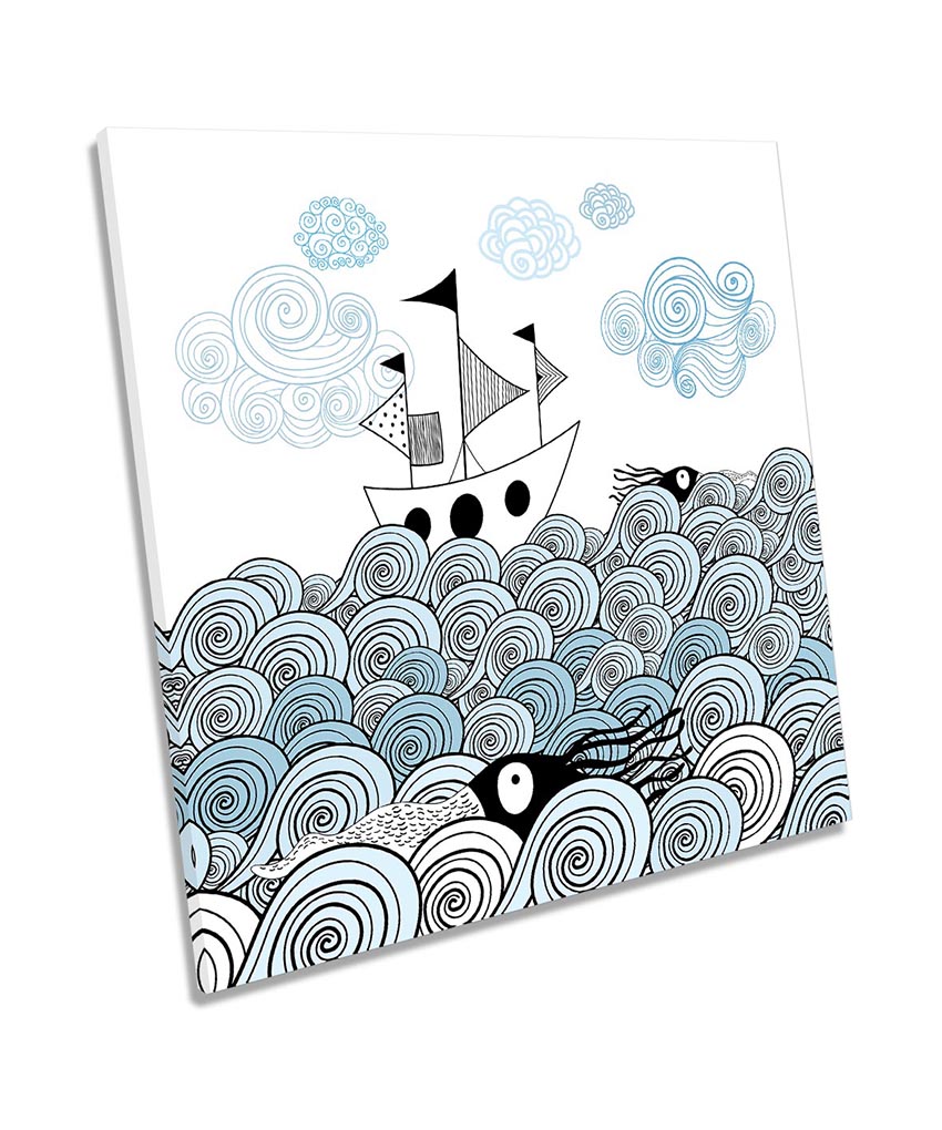 Ship Ornamental Sea Waves Blue