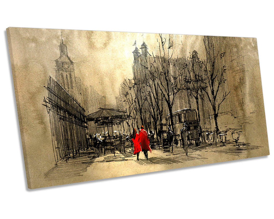 Couple in Red Street City Sketch Brown