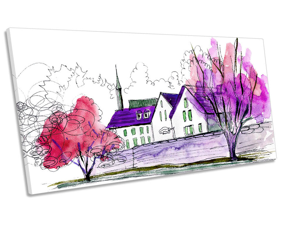 Watercolour Village Scene Purple
