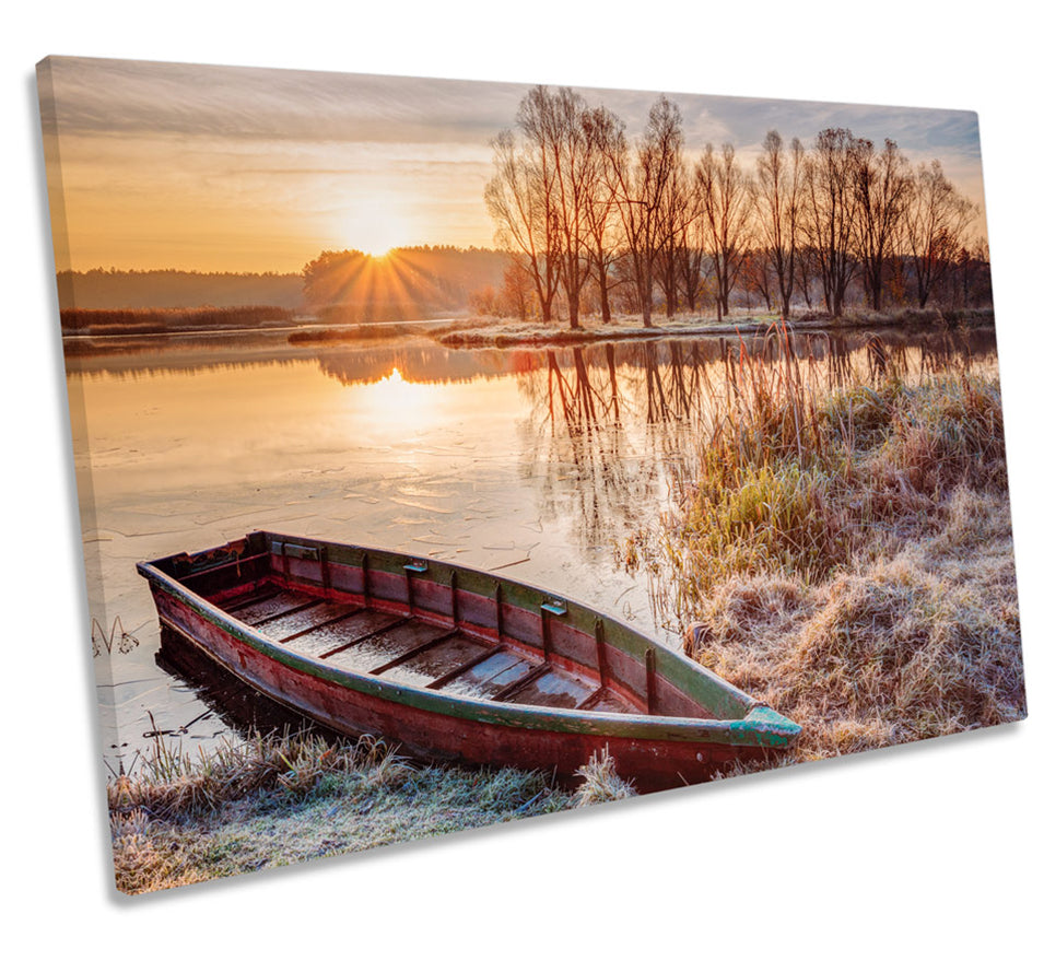 Frosty Sunset Lake Boat