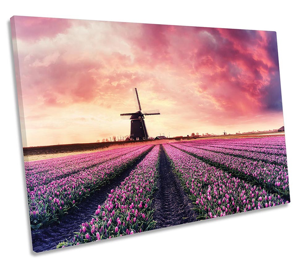 Windmill Pink Sunset Landscape