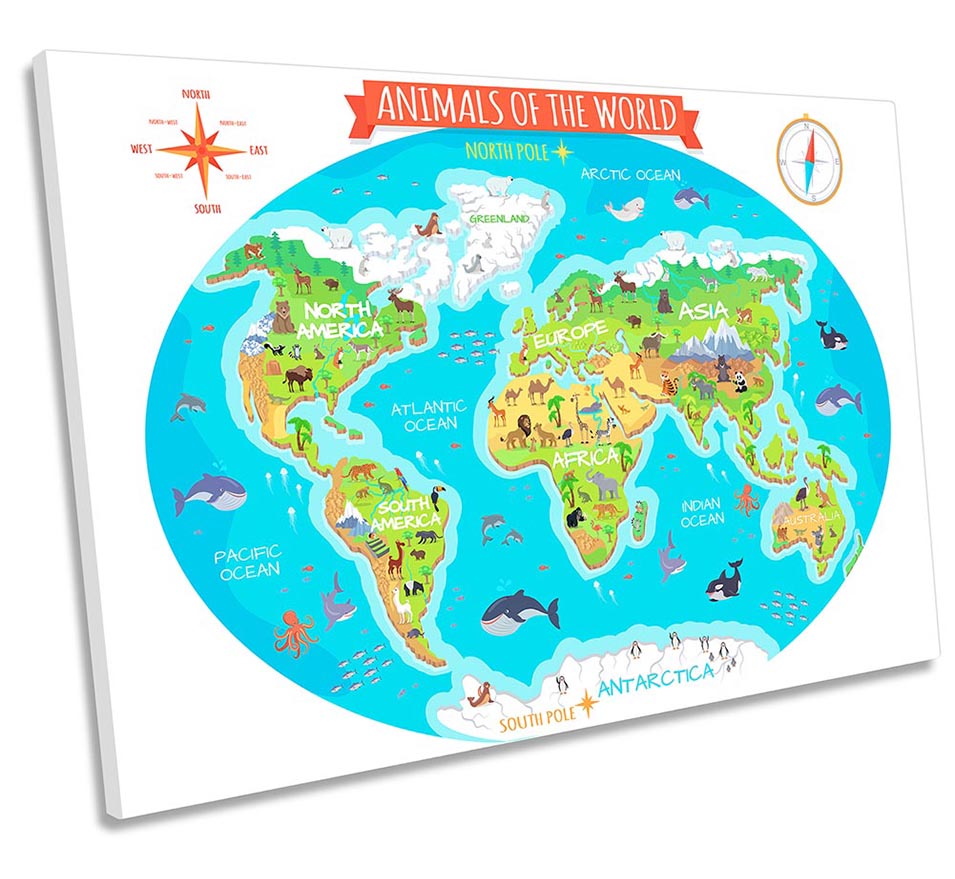 Animals of the World Map Turquoise