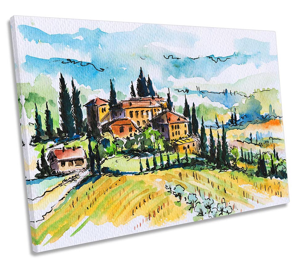 Tuscany Village Watercolour Multi-Coloured