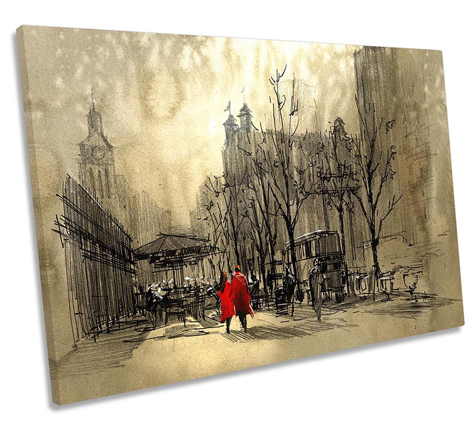 Couple in Red Street City Sketch Brown