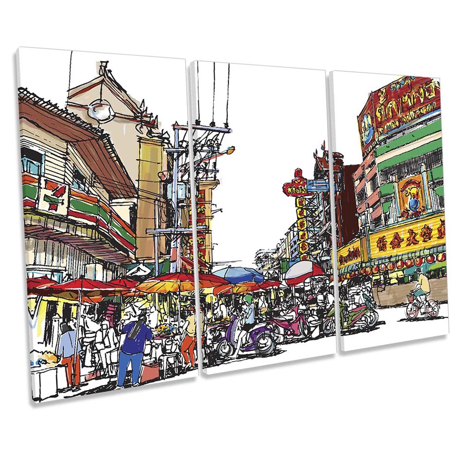 Asian Street Market Sketch Multi-Coloured