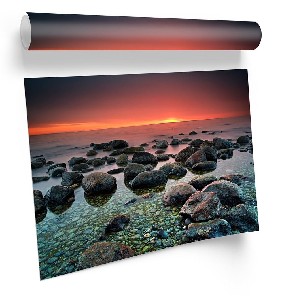 Rocky Seascape Sunset Scene Framed