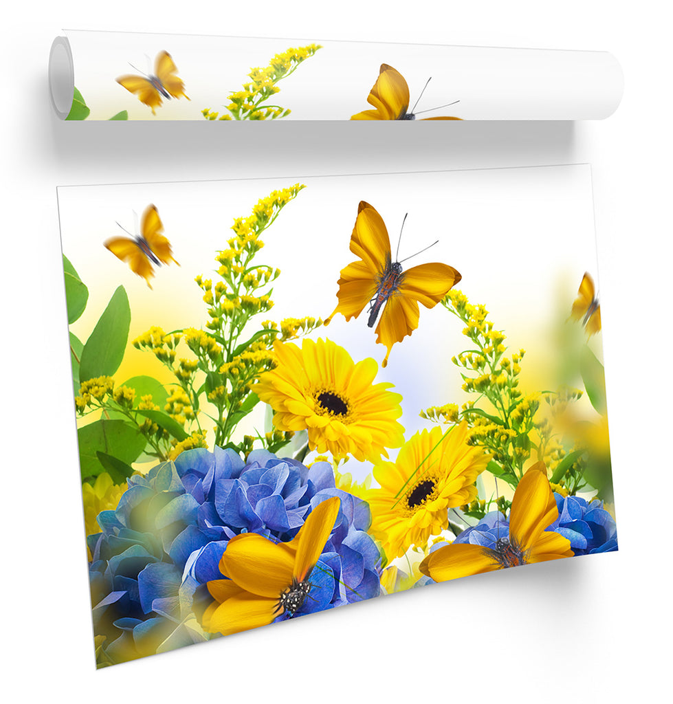 Yellow Butterfly Floral Flower Framed