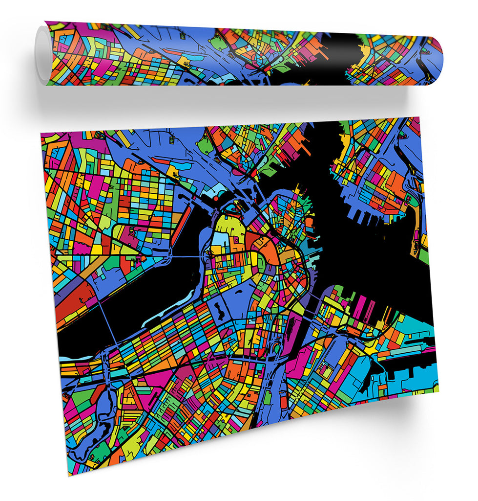 Boston City Modern Map Multi-Coloured Framed