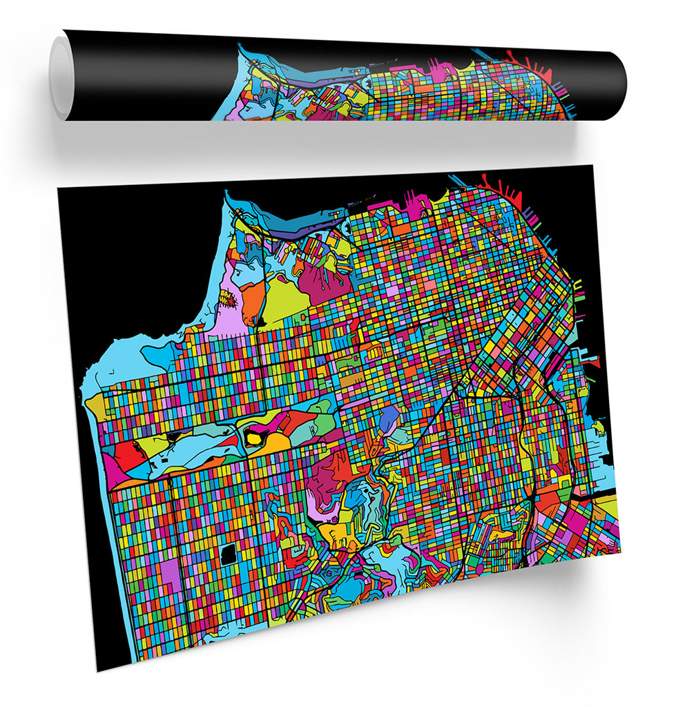 San Francisco City Modern Map Multi-Coloured Framed