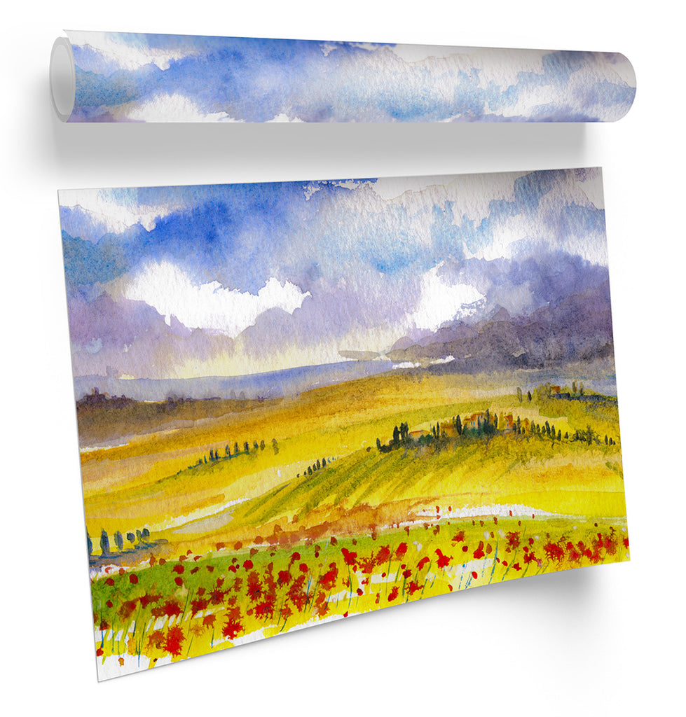Red Poppies Landscape Watercolour Framed