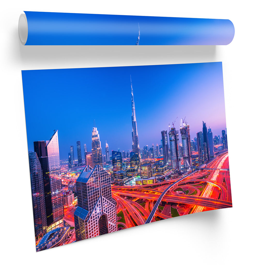 Dubai Skyline Traffic City Blue Framed