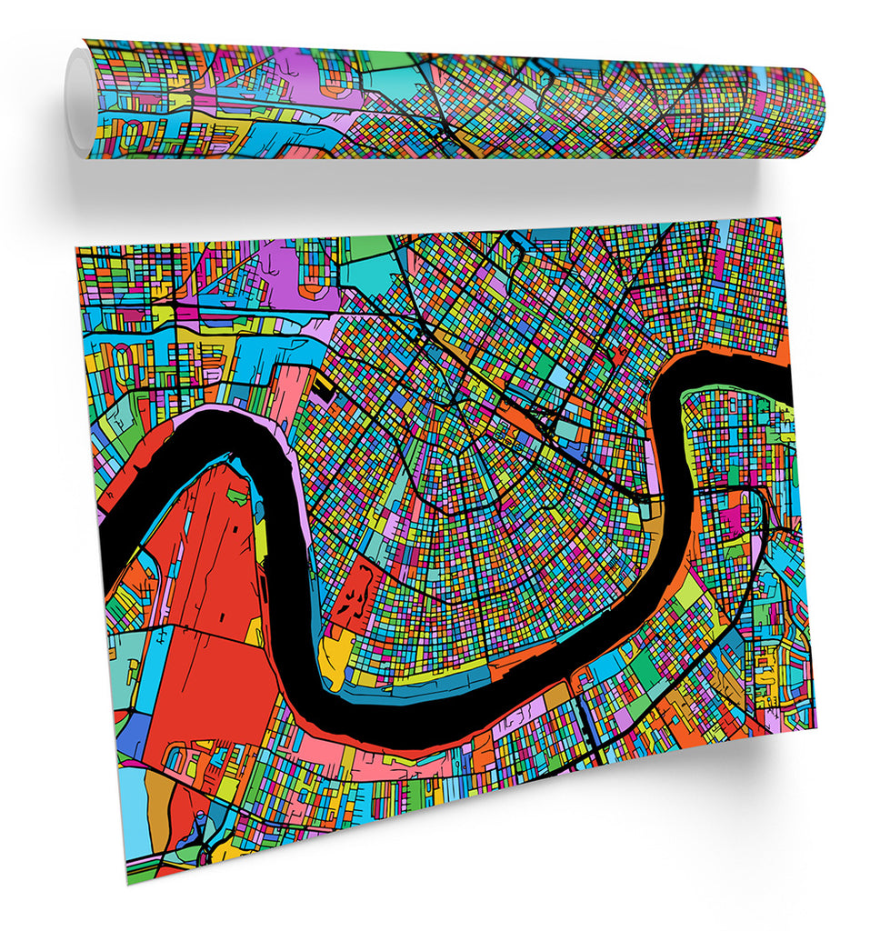New Orleans City Modern Map Multi-Coloured Framed