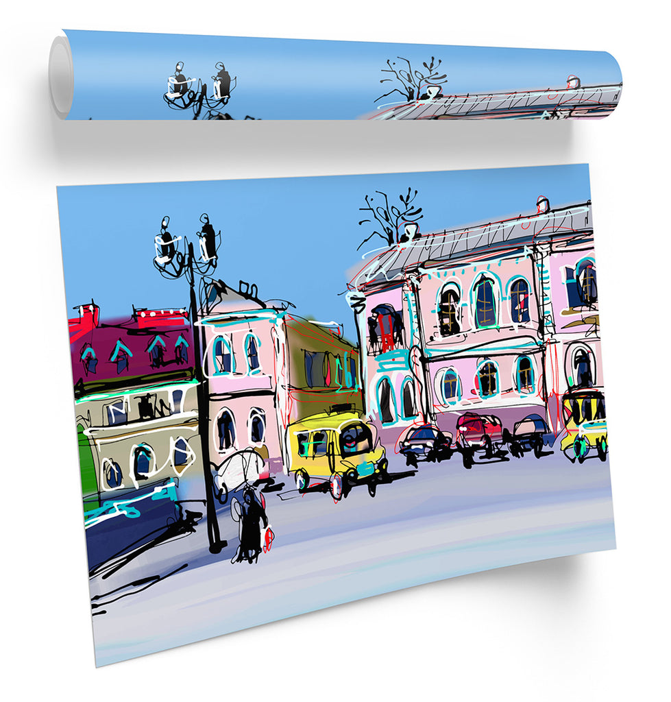 Ukraine Old Town City Sketch Blue Framed