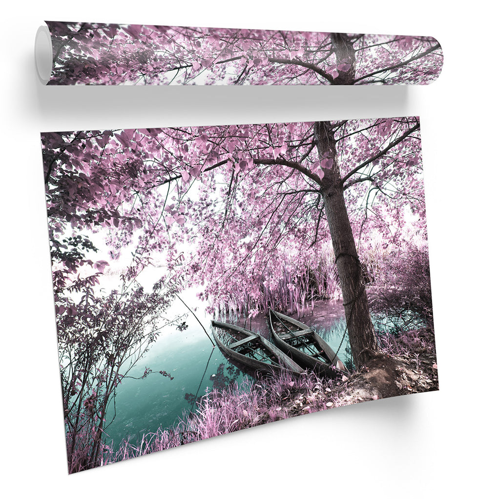 Tree Blossom Sunset Boats Framed