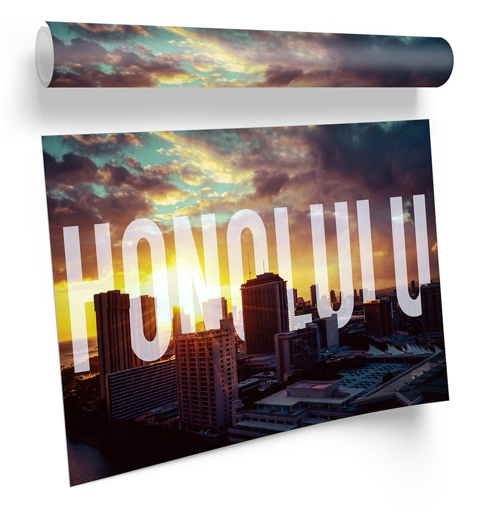 Honolulu Hawaii City Skyline Orange Framed