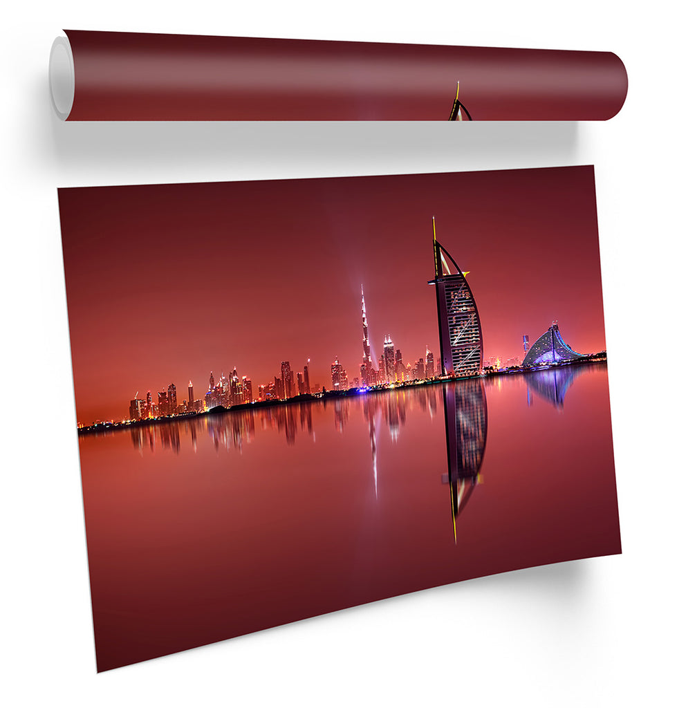 Dubai Skyline Red Sunset Framed