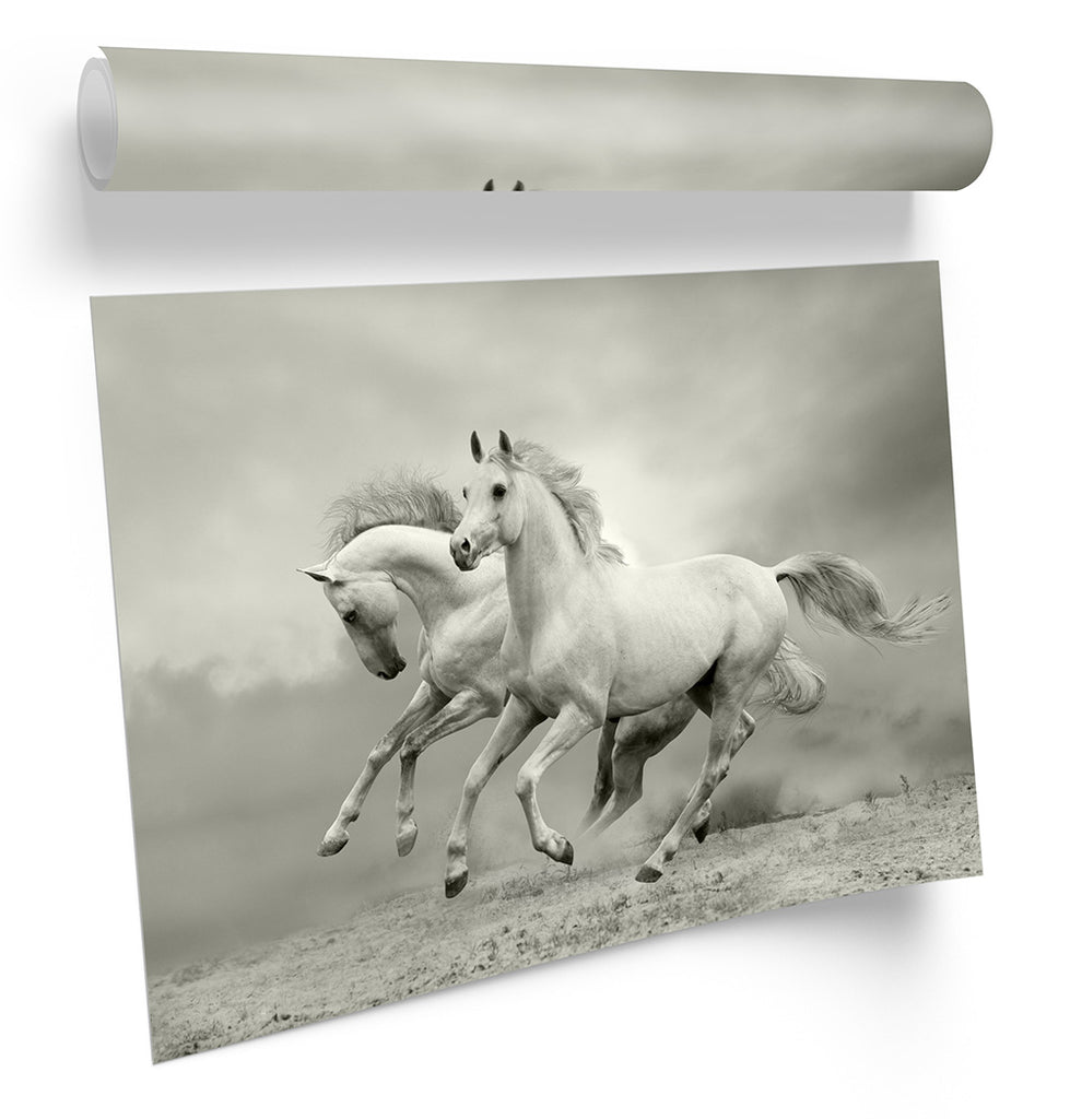 White Horses Galloping Grey Framed