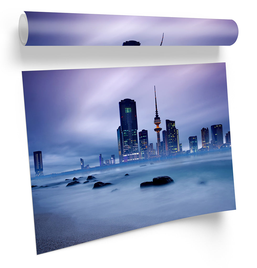 Kuwait City Skyline Blue Framed