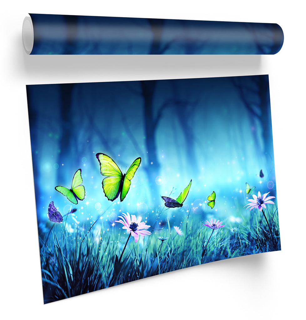 Majestic Butterfly Floral Blue Framed