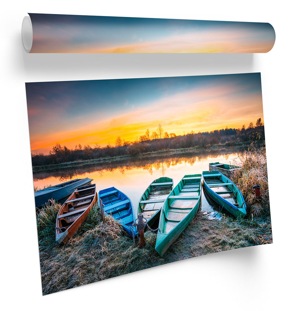 Frosty Lake Boats Sunset Framed