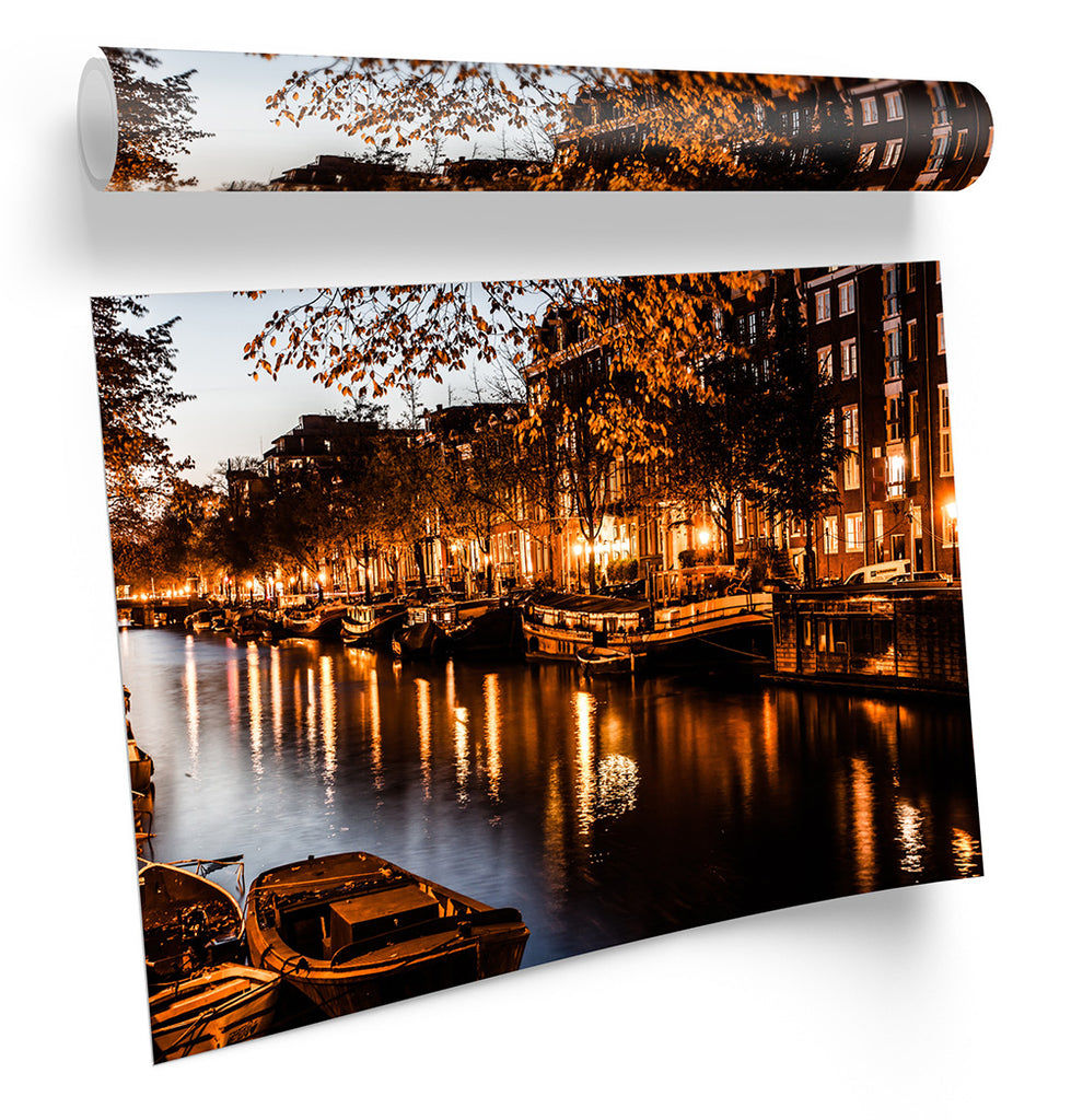 Amsterdam City Canal Night Framed