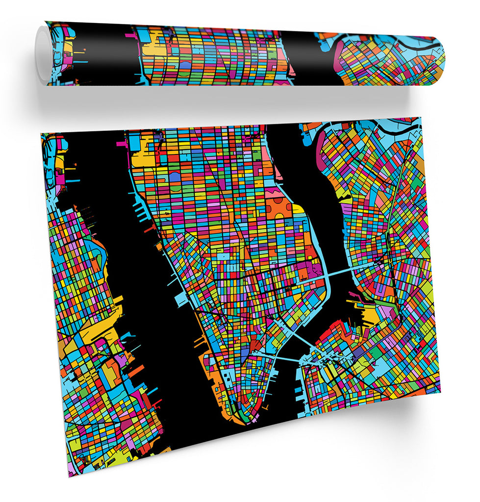 New York City Modern Map Multi-Coloured Framed