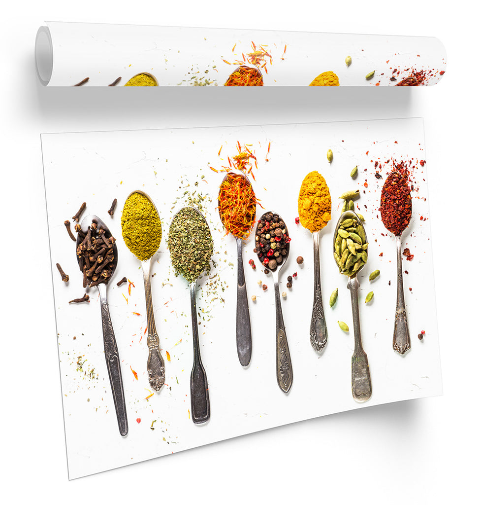 Spicy Spices Spoons Kitchen White Framed