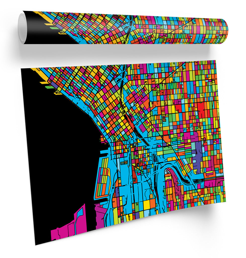 Seattle City Modern Map Multi-Coloured Framed
