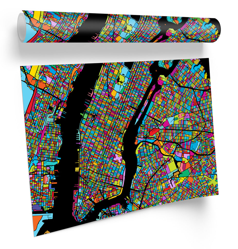 New York Mahattan Modern Map Multi-Coloured Framed