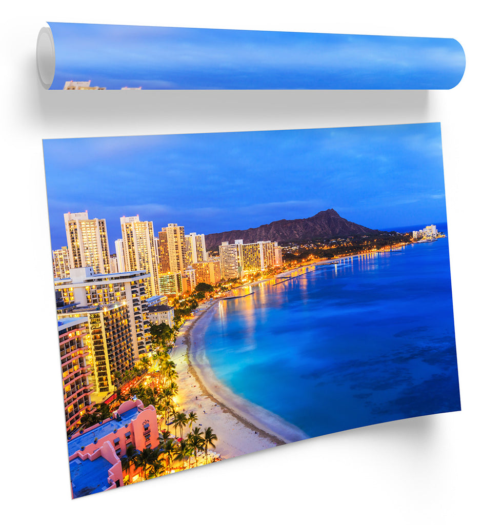 Honolulu Hawaii Skyline Blue Framed
