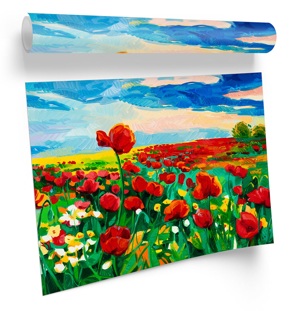 Red Poppy Flower Field Multi-Coloured Framed