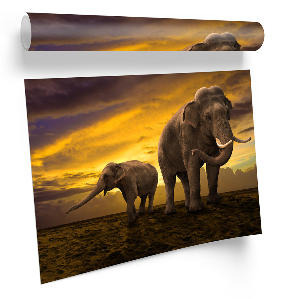 Elephants Sunset Africa Safari Framed