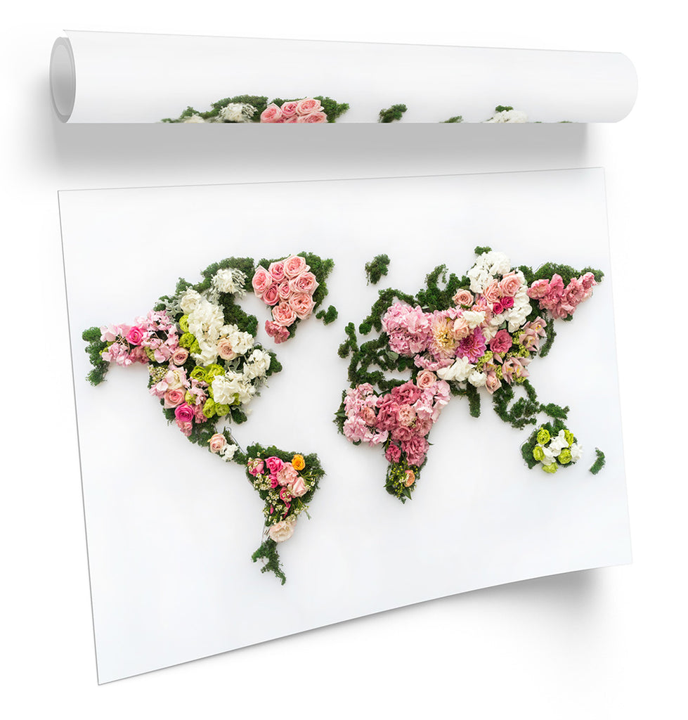 World Map Floral Flowers Framed