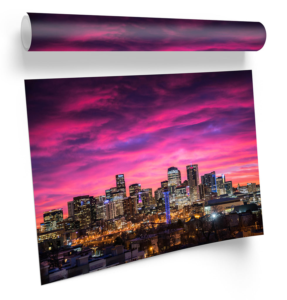 Denver City Skyline Colorado Pink Framed