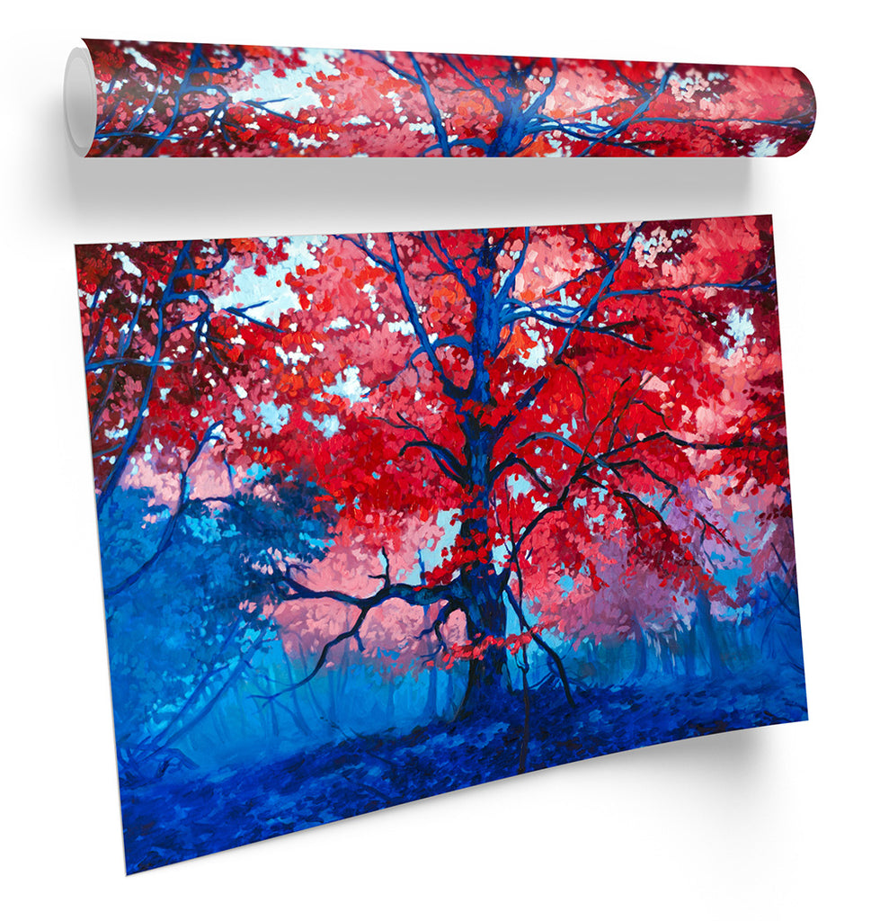 Red Tree Autumn Blue Framed